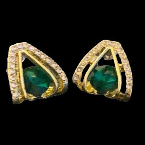 Luxury Faux Emerald & Diamond Studs | Gold-Plated Triangle Design | Great Gift! - Picture 1 of 10